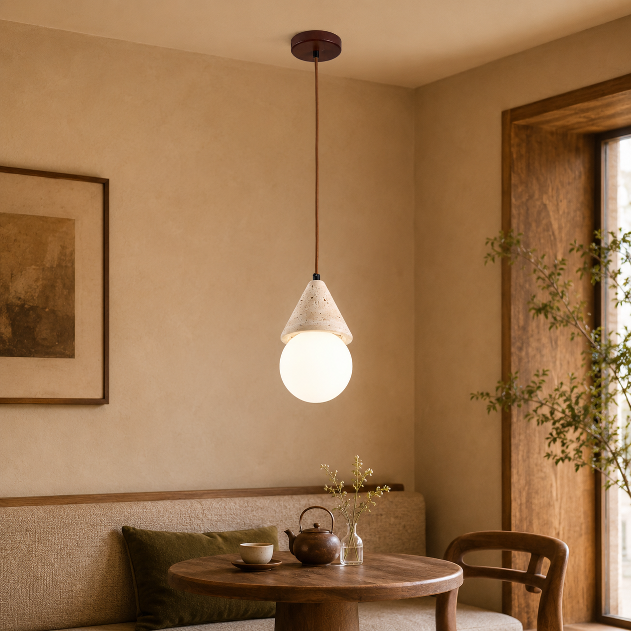 Travolith Wabi-Sabi Yellow Travertine Globe Pendant Light – Vintage Bedside Ceiling Lamp - product view 6