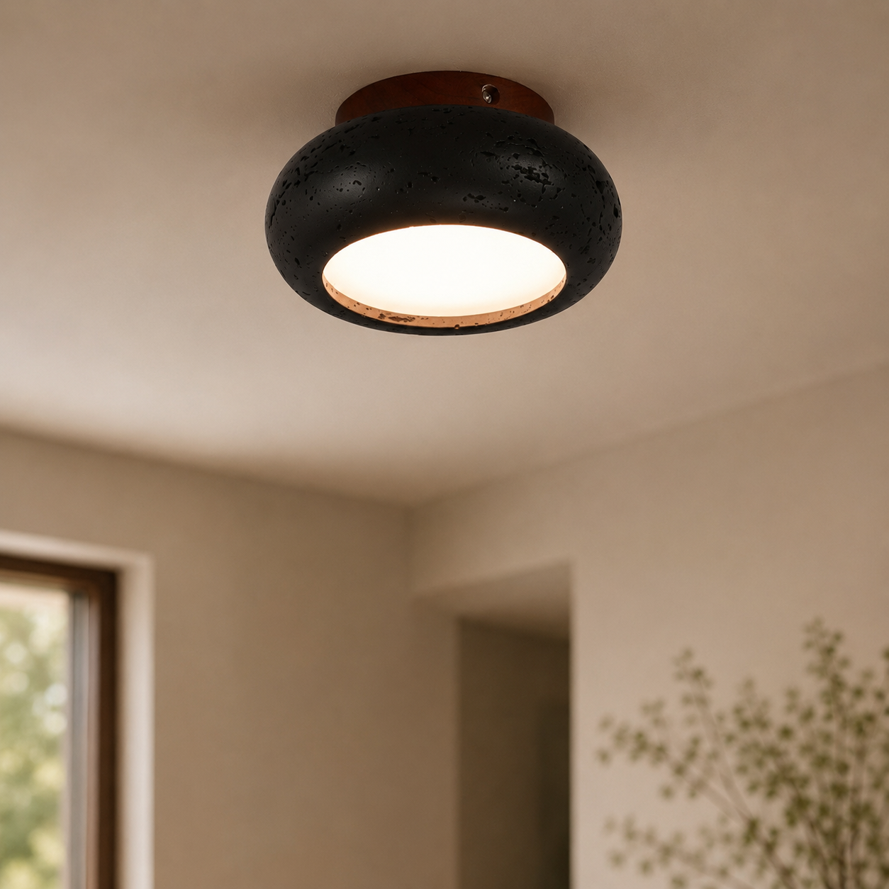 Travolith 6901 Black Travertine Ceiling Light – Natural Stone LED Fixture with Warm Wood Accent - product view 3