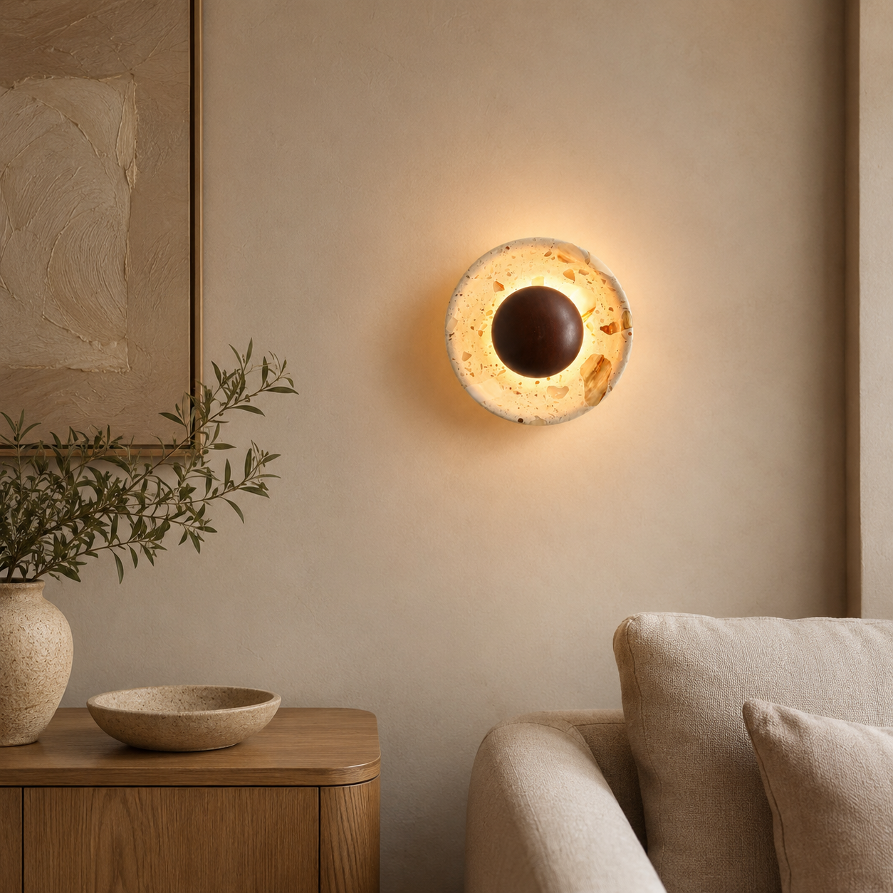 Travolith Golden Travertine Half-Moon LED Wall Sconce – Vintage Wabi-Sabi Bedside Light - product view 2