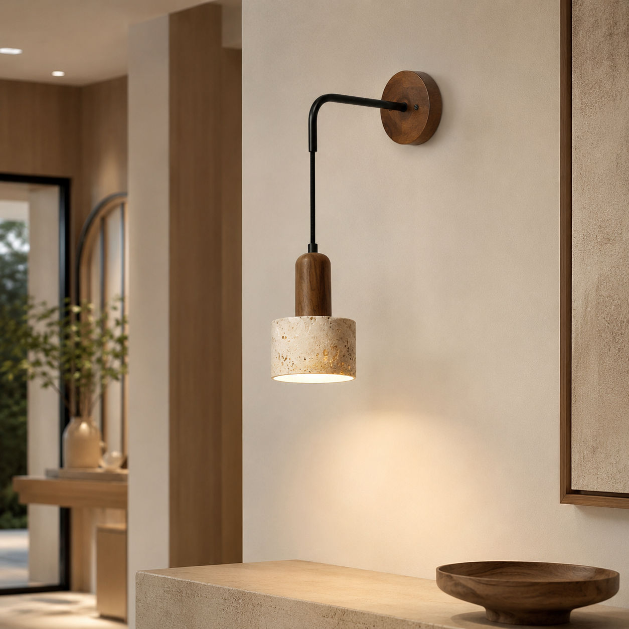 Travolith Wabi-Sabi Travertine Wall Sconce – Japanese Vintage Bedside Light for Living Room, Stairway & Hallway - product view 2