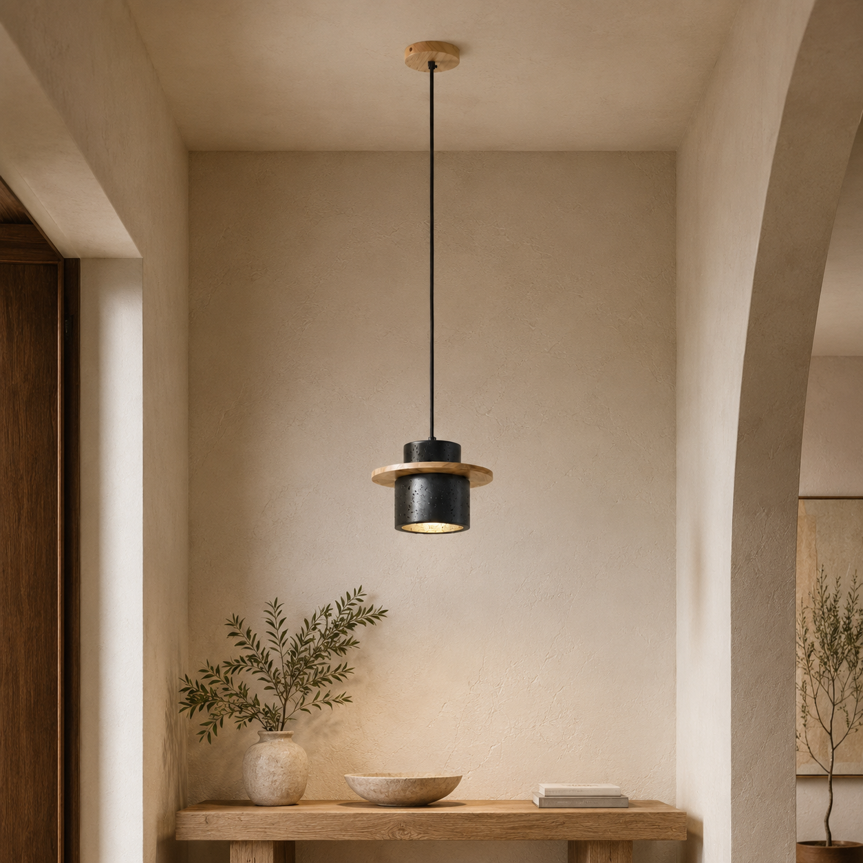 Travolith 6912 Black Travertine Pendant Lamp – Layered Natural Stone Light with Wooden Ring Accent - product view 4