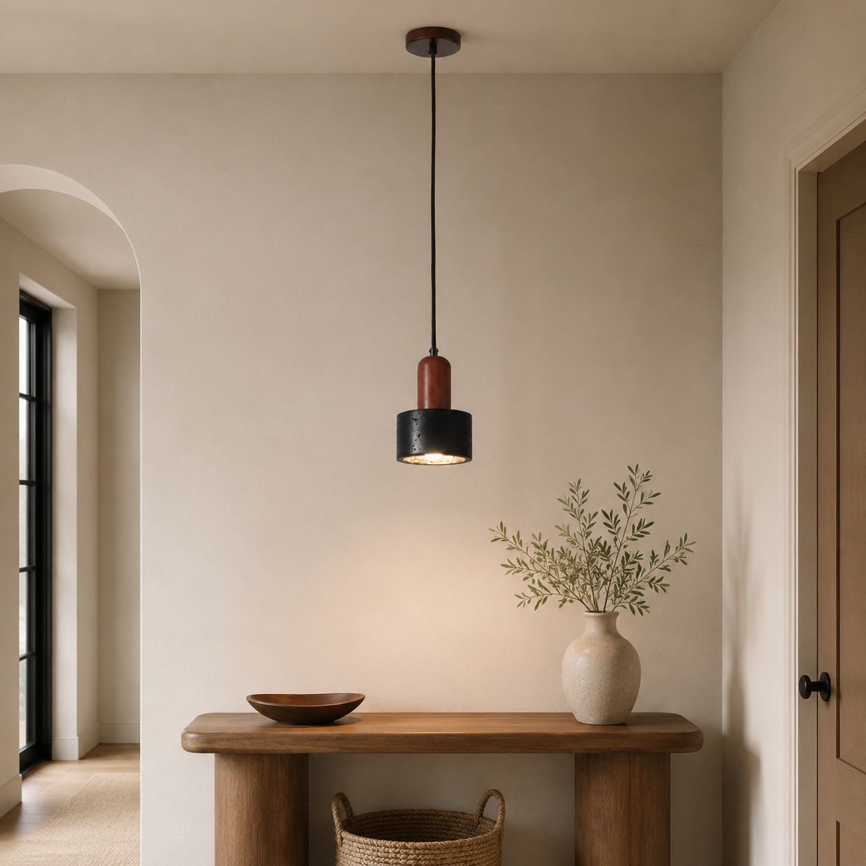 Travolith 6911 Large Black Travertine Pendant Light – Natural Stone Cylinder Lamp with Wood Detail - product view 2
