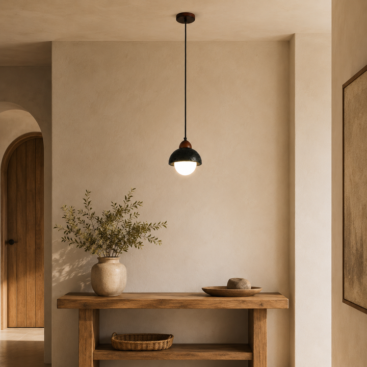 Travolith 6910 Black Travertine Pendant Light – Natural Stone Dome Lamp with Wood Accent
