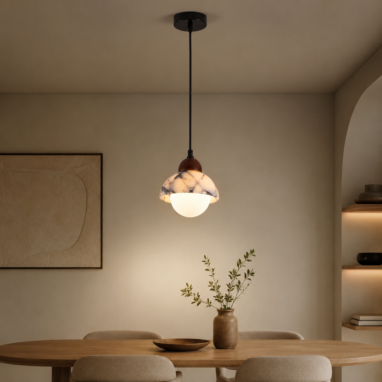 Travolith Patterned Stone Pendant Light – Pearl Black and Brass Natural Stone Ceiling Fixture - product view 2