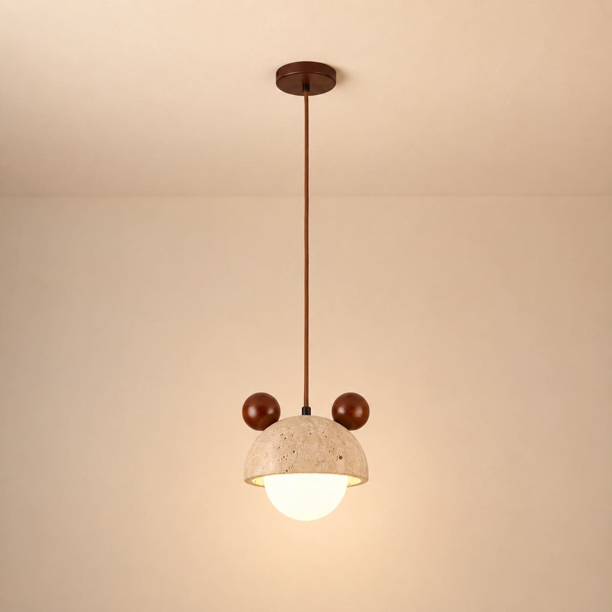 Travolith Wabi-Sabi Yellow Travertine & Wood Pendant Light – Vintage Bedside Hanging Lamp - product view 3