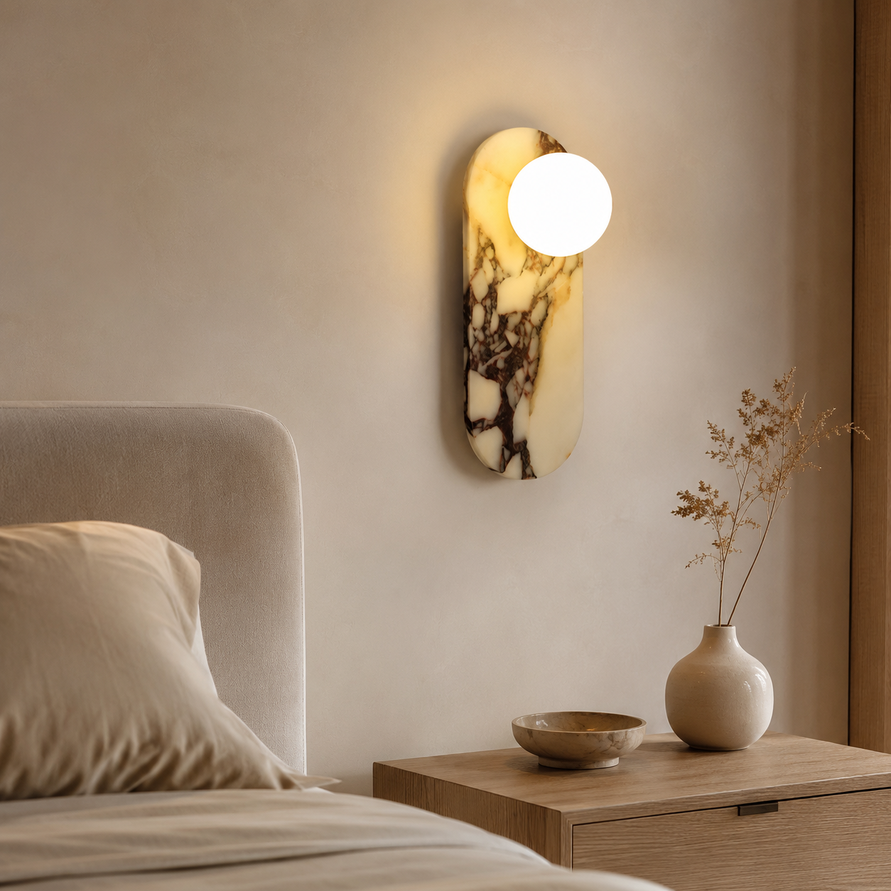 Travolith Patterned Stone Triple-Globe Wall Light – Vertical Natural Stone Sconce with Brass Details - product view 3