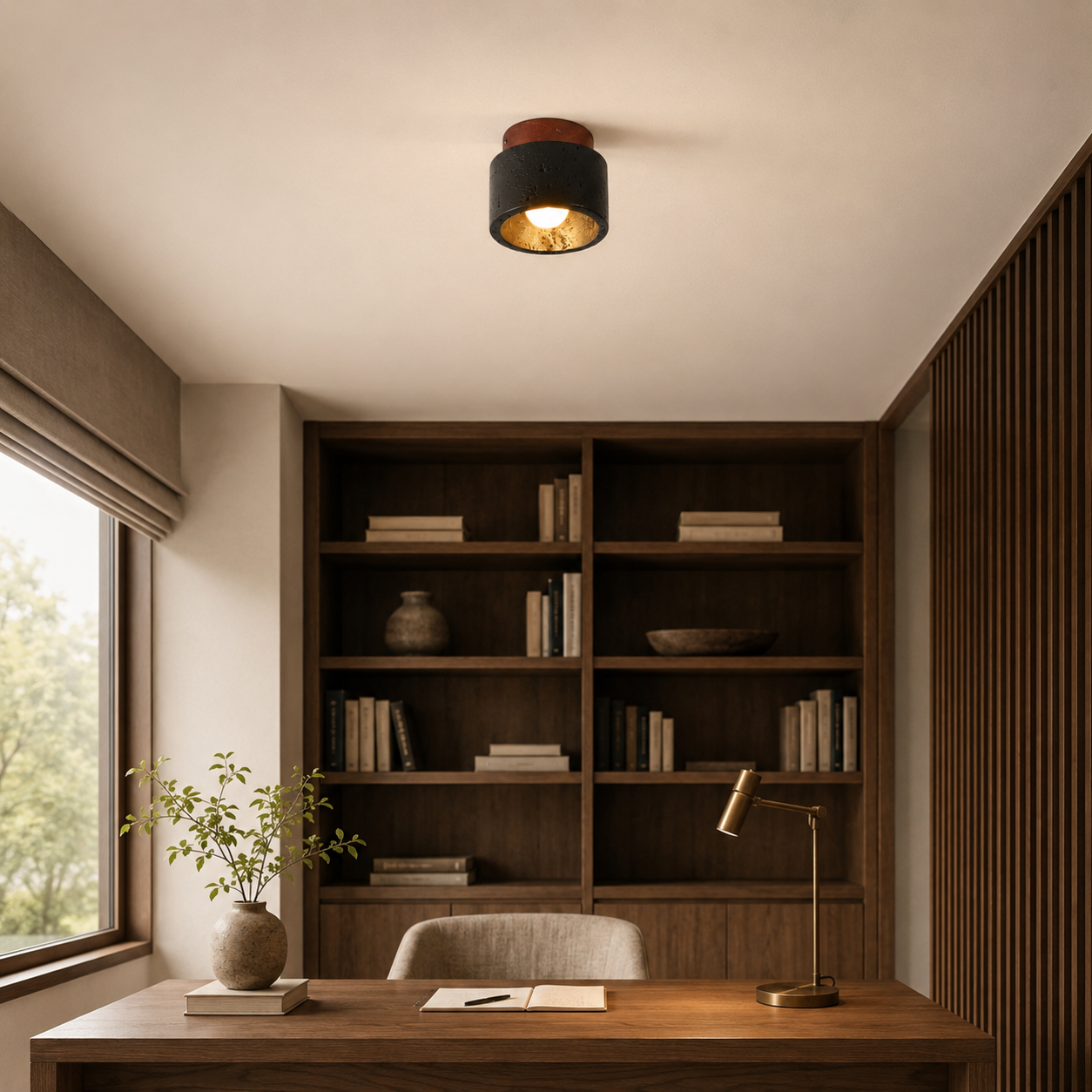 Travolith 6906 Black Travertine Ceiling Light – Compact Natural Stone Fixture with Wood Canopy - product view 2