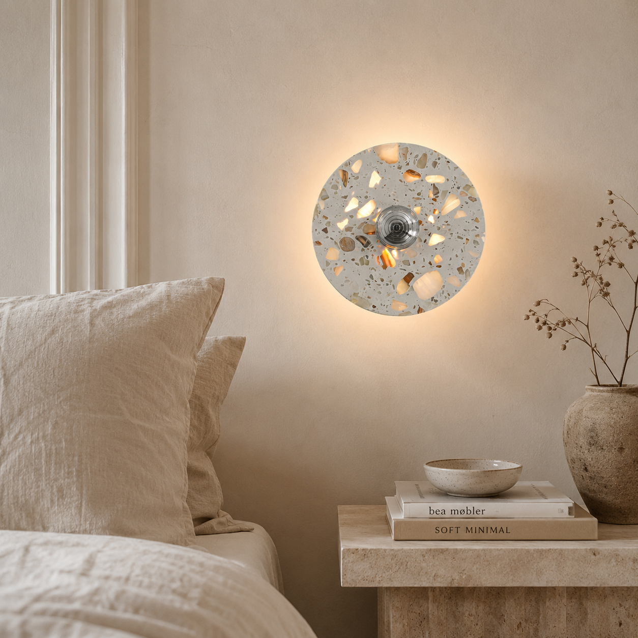 Travolith Ivory Mosaic Halo LED Wall Sconce – Silver Wabi-Sabi Bedside Accent Light - product view 3