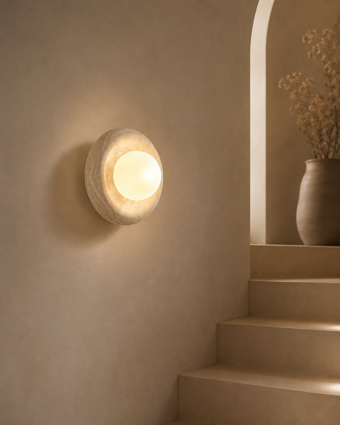 Travolith Natural Travertine Ring Wall Sconce – Modern Stone Globe Light for Bedroom & Entryway - product view 1