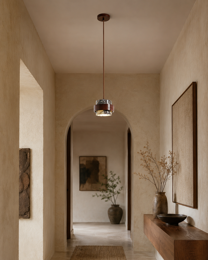 Graphic Stone Pendant Light – Modern Natural Stone Ceiling Lamp with Brass & Black Metal Frame