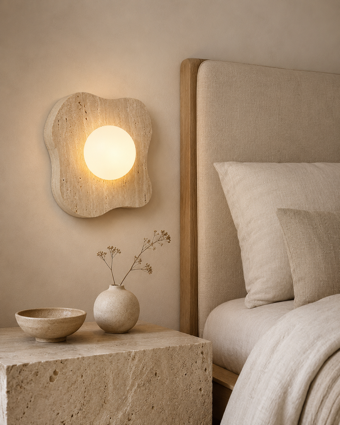 Travolith Organic Travertine Globe Wall Sconce – Modern Wabi-Sabi Bedside Light - product view 2