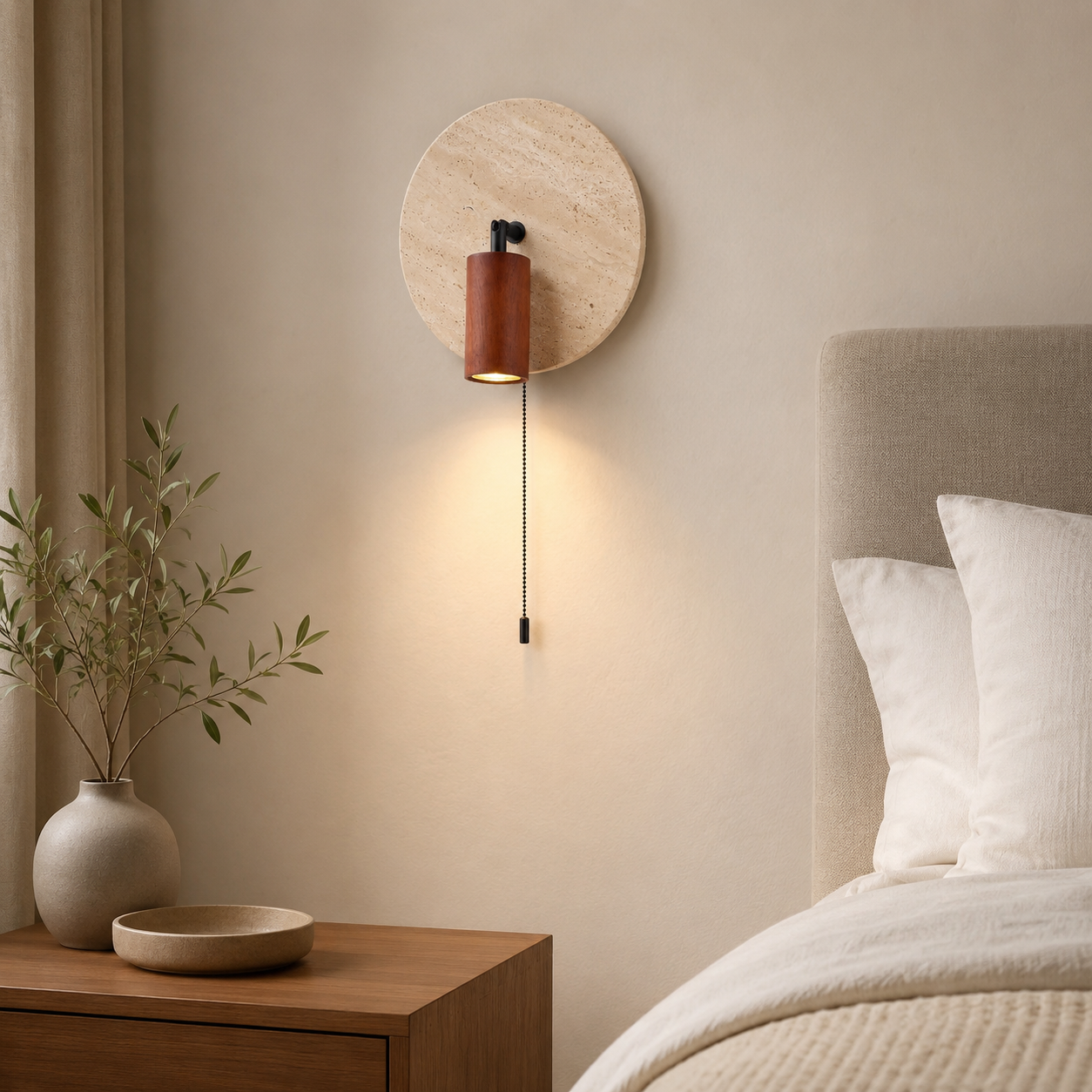 Travolith Wabi-Sabi Clock-Inspired Travertine Wall Sconce with Wooden Spotlight and Pull Chain for Bedroom, Hallway & Hotel - product view 2
