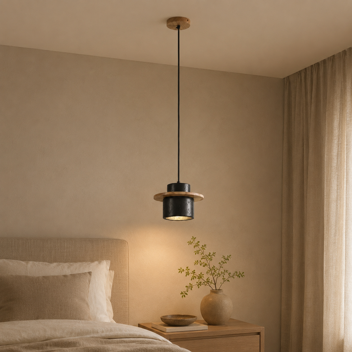 Travolith 6912 Black Travertine Pendant Lamp – Layered Natural Stone Light with Wooden Ring Accent