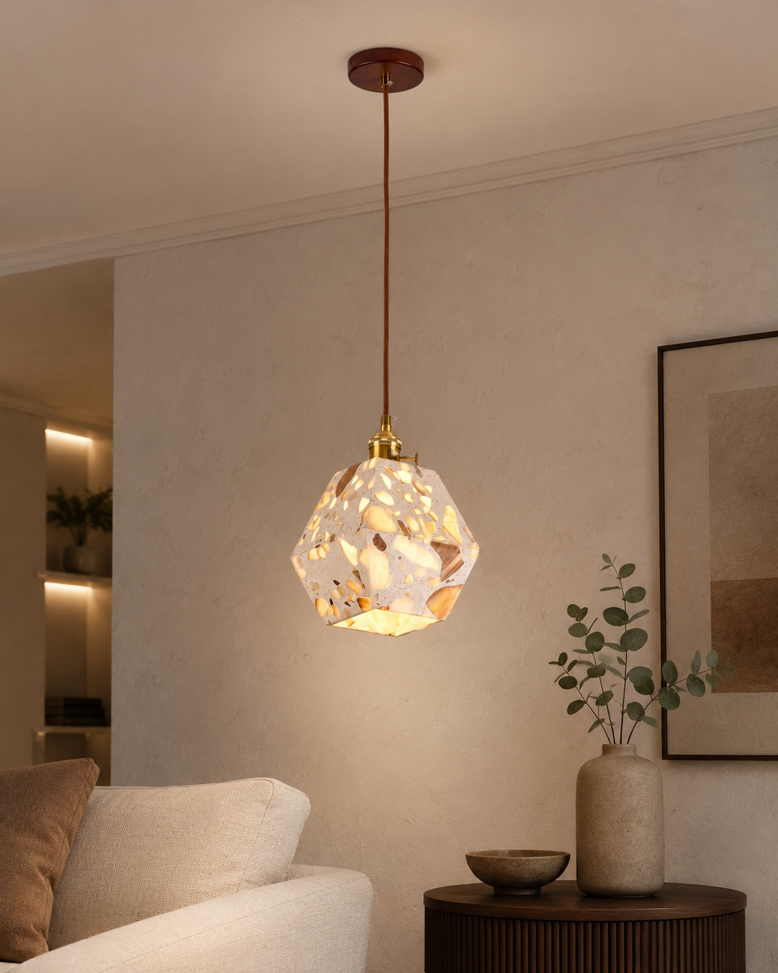 Travolith 6503 Translucent Stone Pendant Light – Brown Metal Hanging Lamp with G9 Base - product view 2