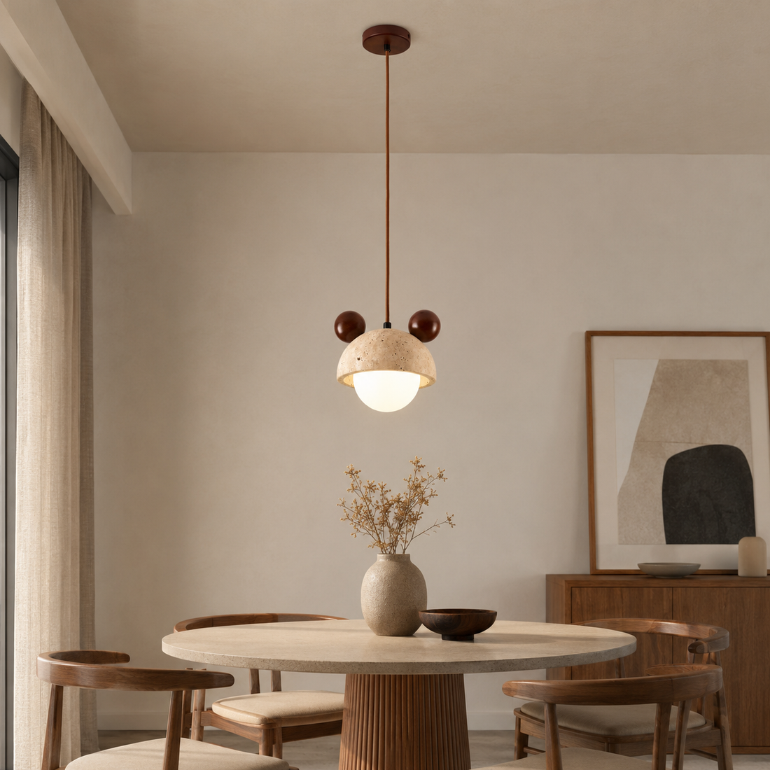 Travolith Wabi-Sabi Yellow Travertine & Wood Pendant Light – Vintage Bedside Hanging Lamp - product view 1