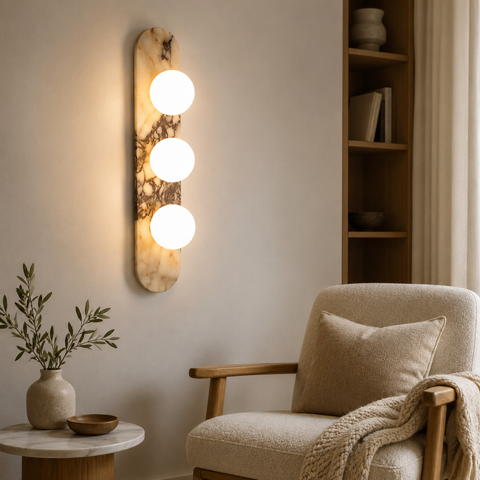 Travolith Patterned Stone Triple-Globe Wall Light – Vertical Natural Stone Sconce with Brass Details