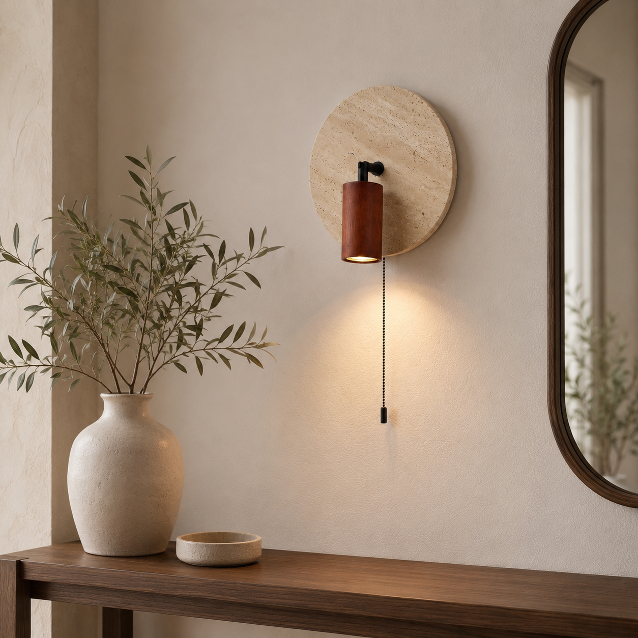 Travolith Wabi-Sabi Clock-Inspired Travertine Wall Sconce with Wooden Spotlight and Pull Chain for Bedroom, Hallway & Hotel - product view 3