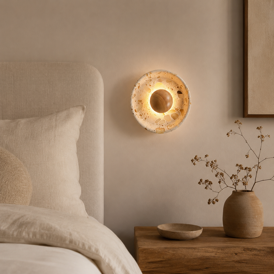 Travolith Amber Cove Travertine LED Wall Lamp – Wabi-Sabi Half-Dome Bedside Sconce - product view 1