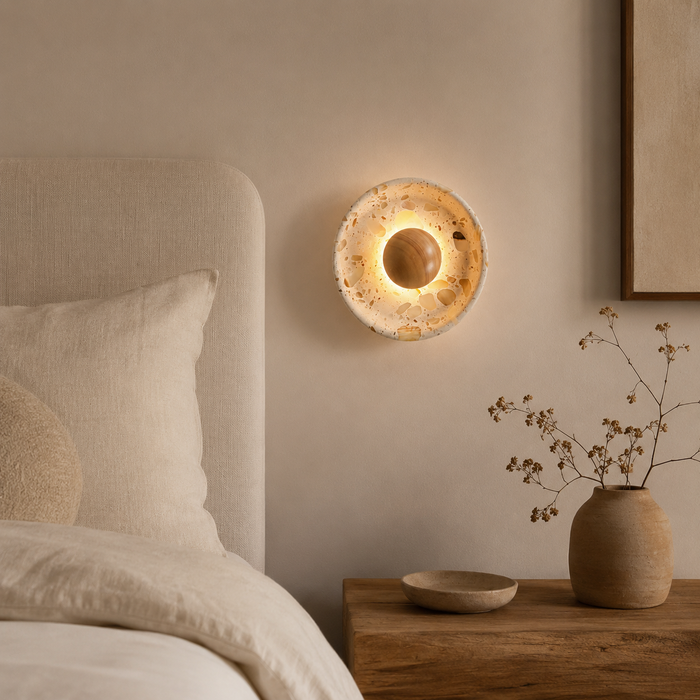 Amber Cove Travertine LED Wall Lamp – Wabi-Sabi Half-Dome Bedside Sconce
