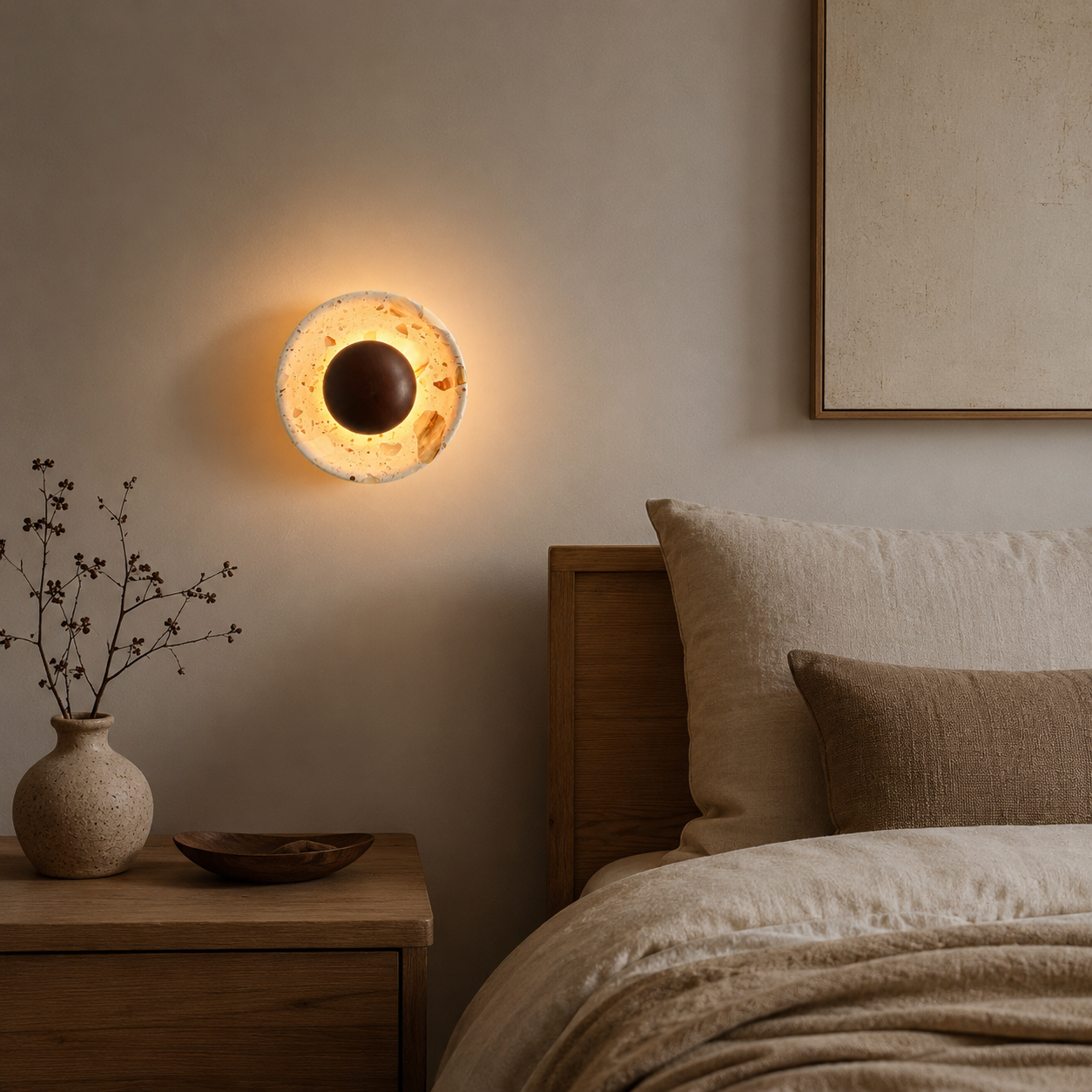 Travolith Golden Travertine Half-Moon LED Wall Sconce – Vintage Wabi-Sabi Bedside Light - product view 3