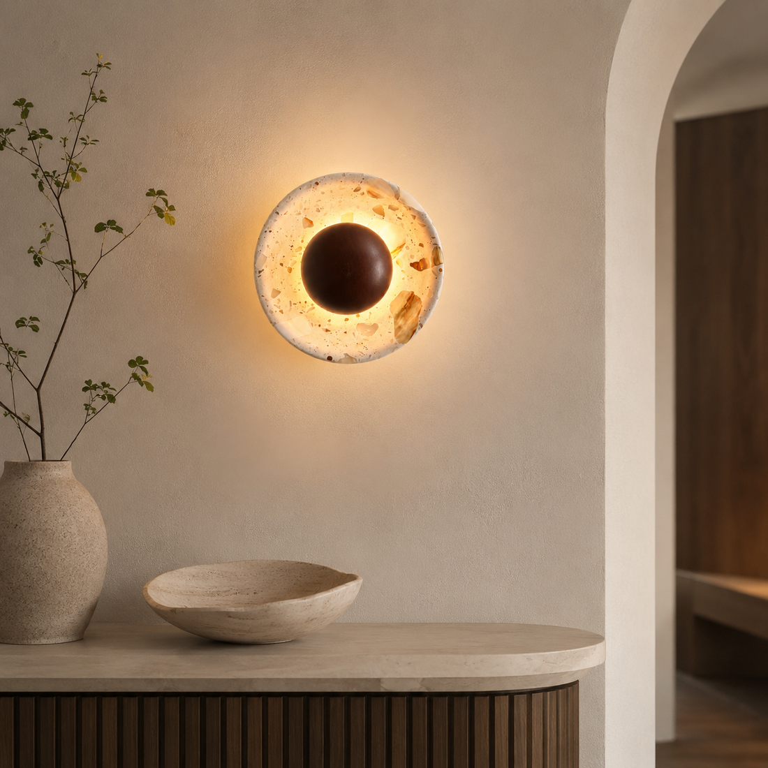Travolith Golden Travertine Half-Moon LED Wall Sconce – Vintage Wabi-Sabi Bedside Light - product view 1