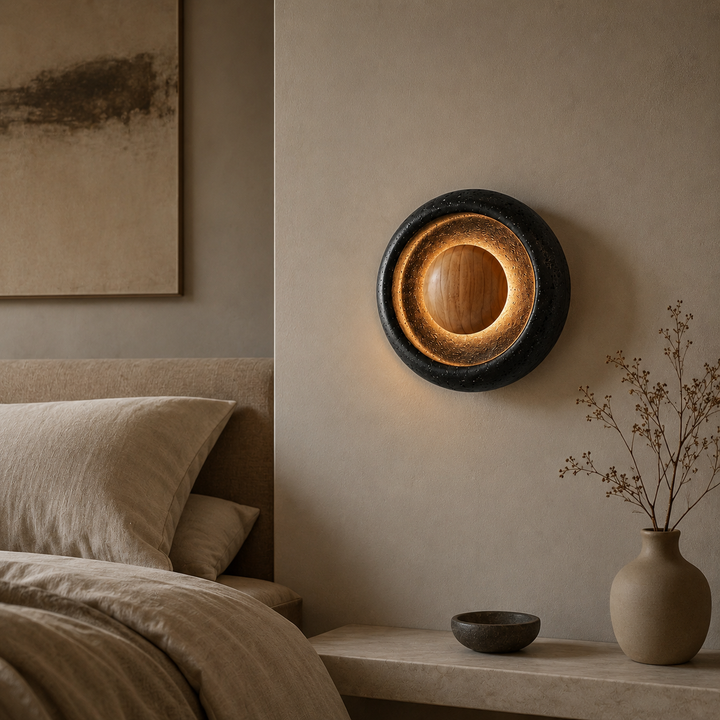 Travolith Black Travertine Halo Wall Light – Natural Stone, Glass and Wood LED Fixture