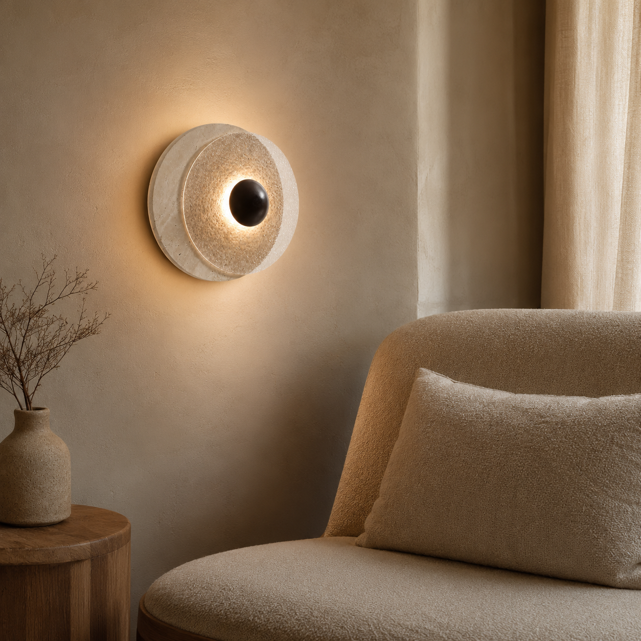 Travolith Kanso Halo Travertine Wall Sconce – Japanese Vintage Round Bedside Light - product view 2