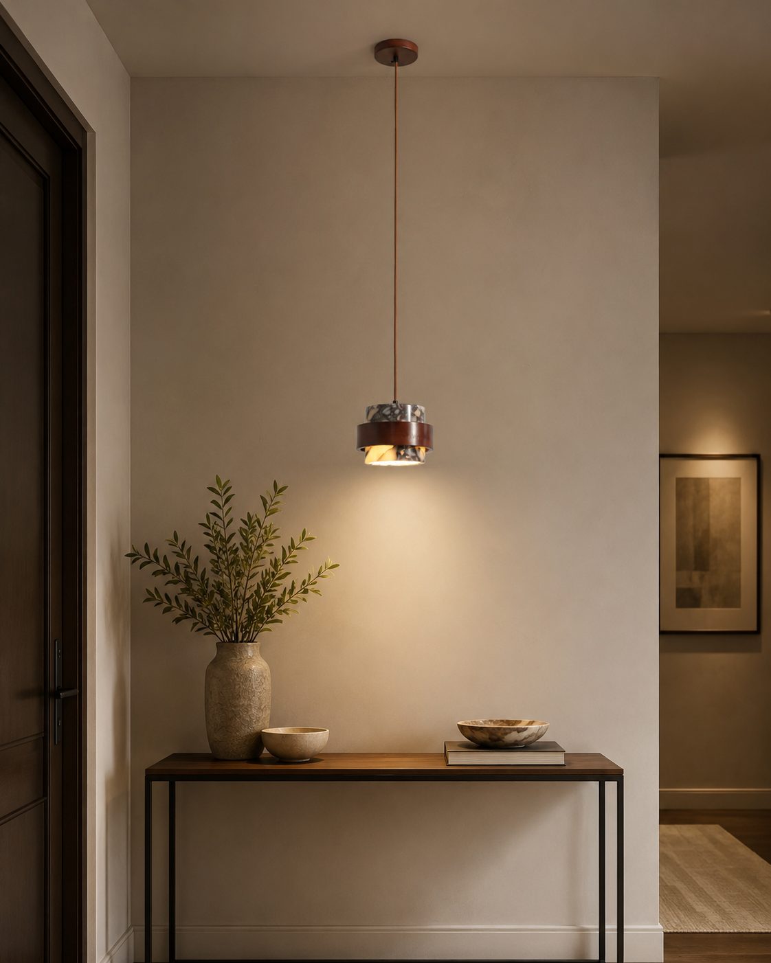 Travolith Graphic Stone Pendant Light – Modern Natural Stone Ceiling Lamp with Brass & Black Metal Frame - product view 2