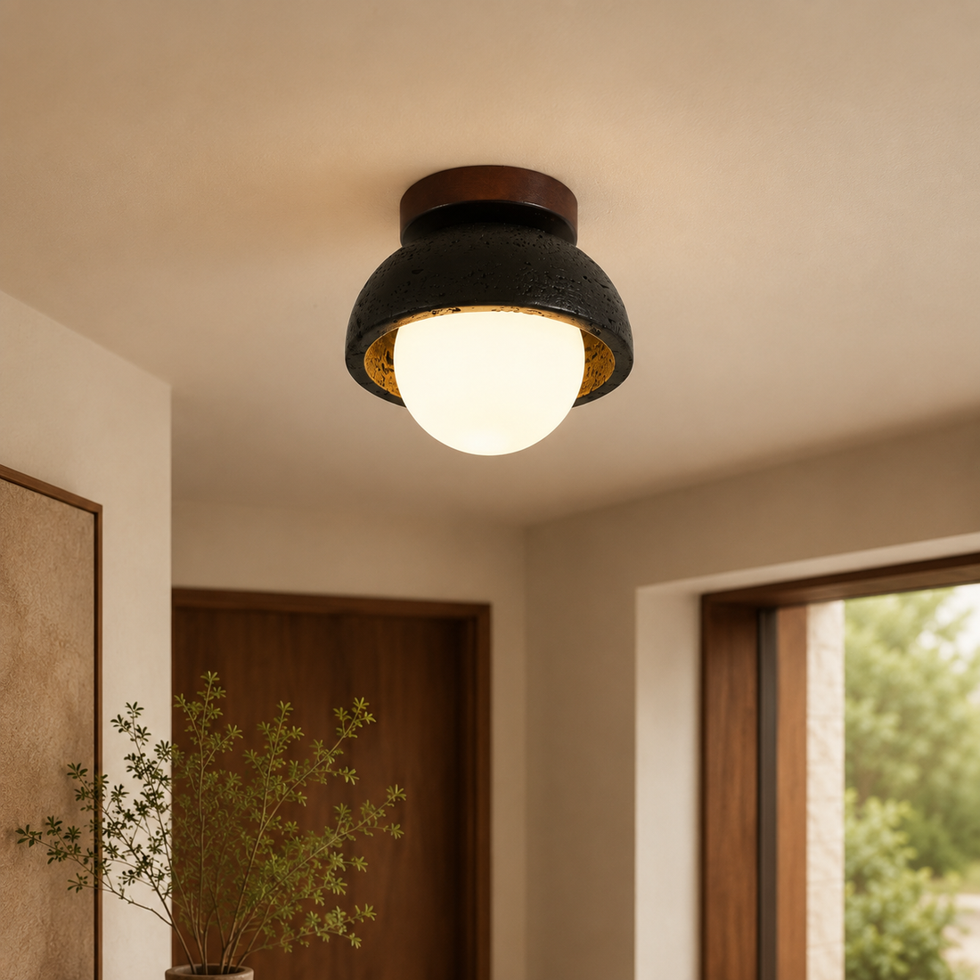 Travolith 6905 Black Travertine Ceiling Lamp – Compact Natural Stone Fixture with Warm Wood Detail - product view 1