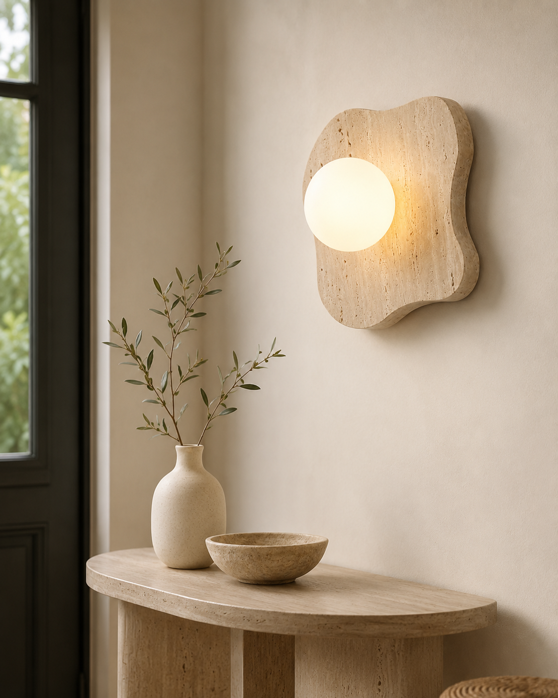 Travolith Organic Travertine Globe Wall Sconce – Modern Wabi-Sabi Bedside Light - product view 4
