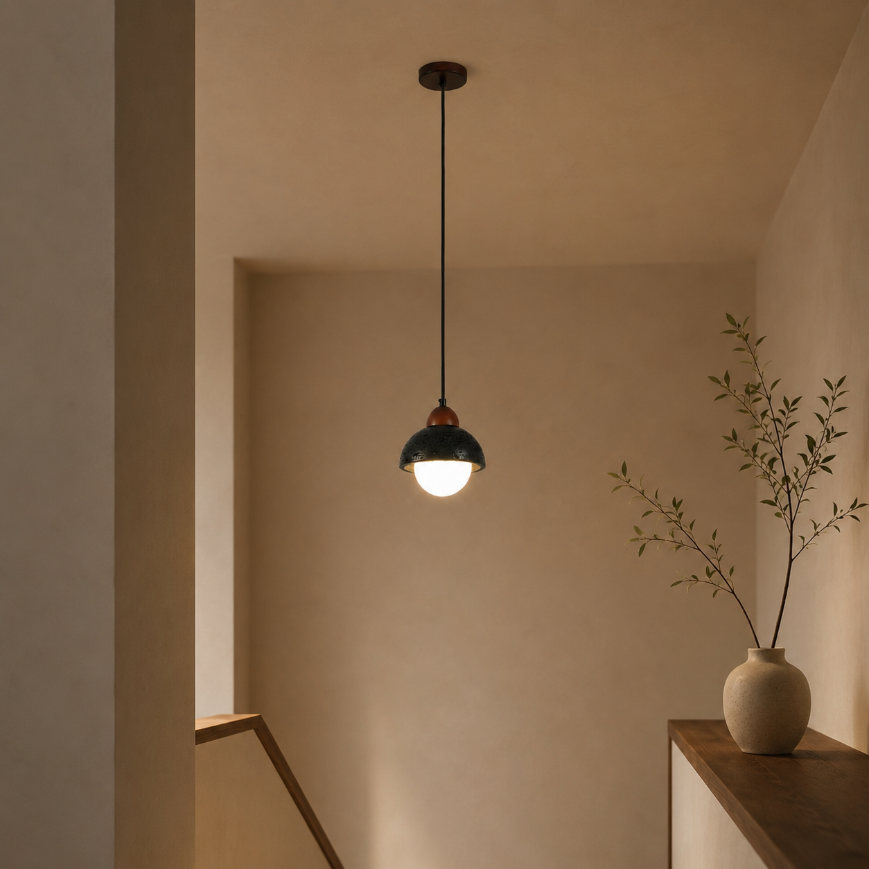 Travolith 6910 Black Travertine Pendant Light – Natural Stone Dome Lamp with Wood Accent - product view 2