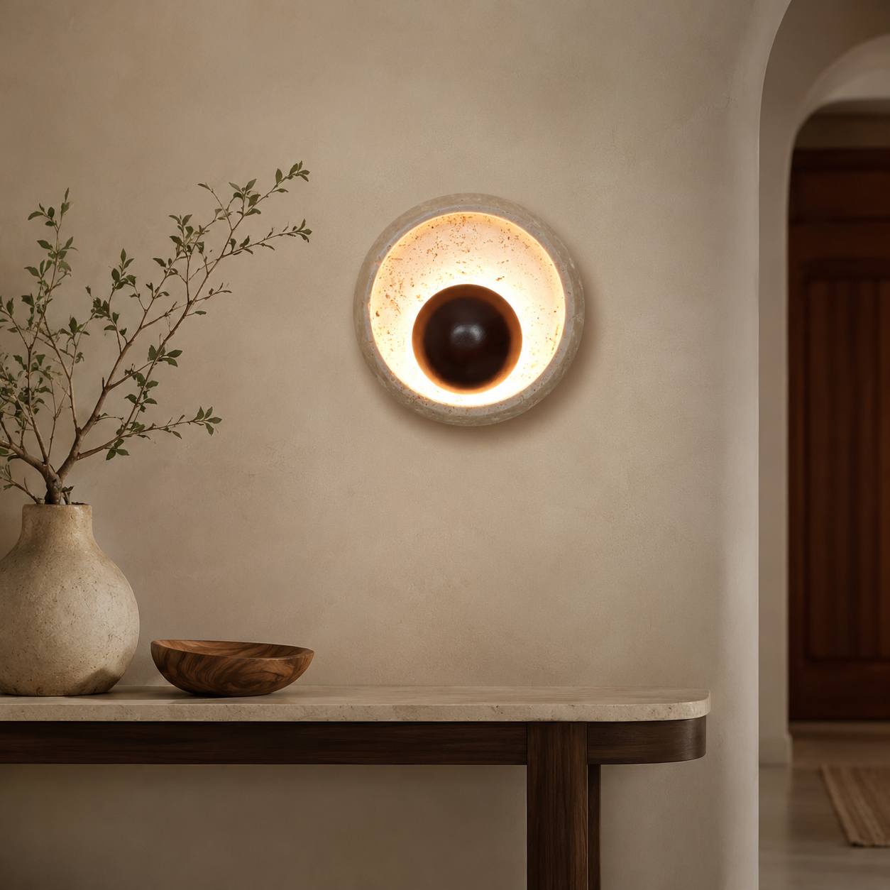 Travolith Modern Natural Travertine Halo Wall Sconce – Textured Stone Accent Light for Bedroom, Entryway and Living Room - product view 8