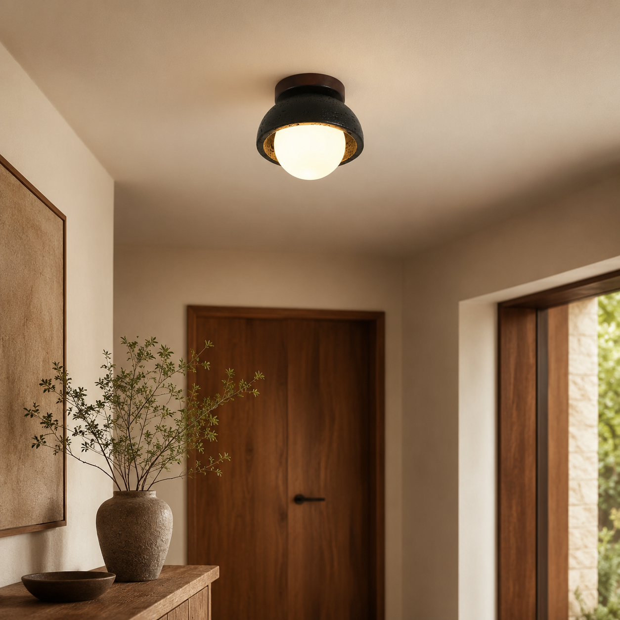 Travolith 6905 Black Travertine Ceiling Lamp – Compact Natural Stone Fixture with Warm Wood Detail - product view 3