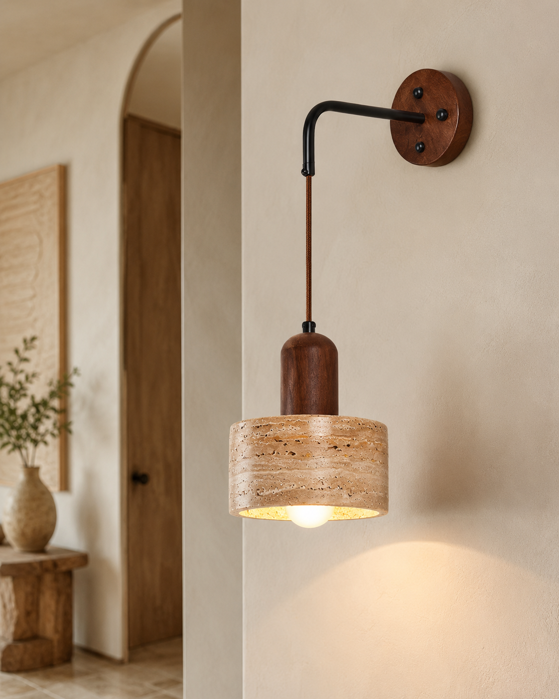Travolith Wabi-Sabi Travertine Wall Sconce – Japanese Vintage Bedside Light for Living Room, Stairway & Hallway - product view 4