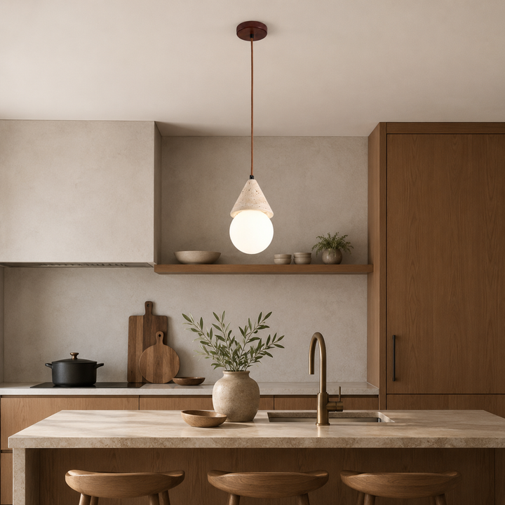 Wabi-Sabi Yellow Travertine Globe Pendant Light – Vintage Bedside Ceiling Lamp