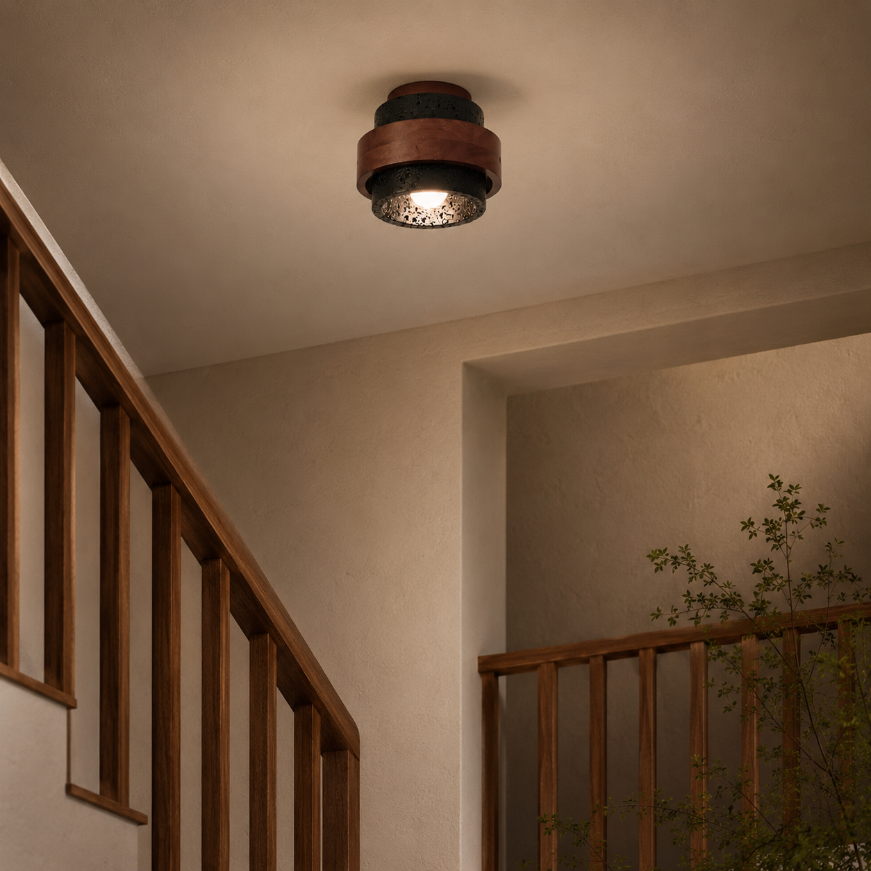 Travolith 6903 Black Travertine Flush Mount – Wood-Wrapped Natural Stone Ceiling Light - product view 4