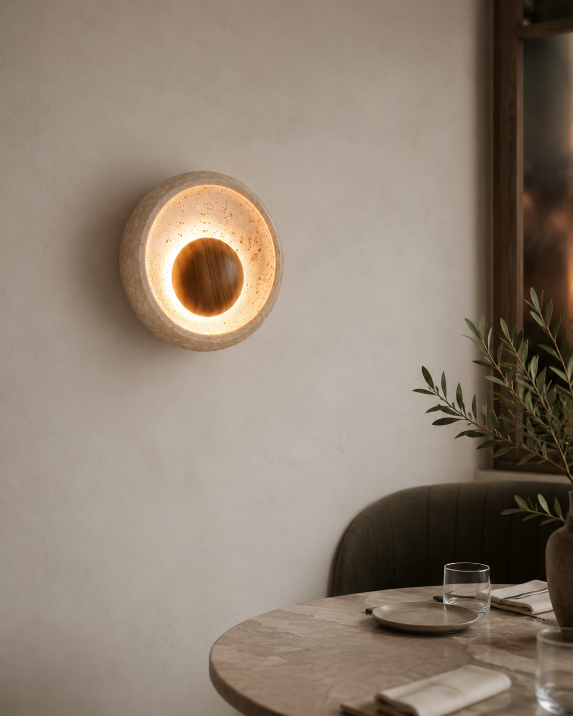 Travolith Modern Natural Travertine Halo Wall Sconce – Textured Stone Accent Light for Bedroom, Entryway and Living Room - product view 4
