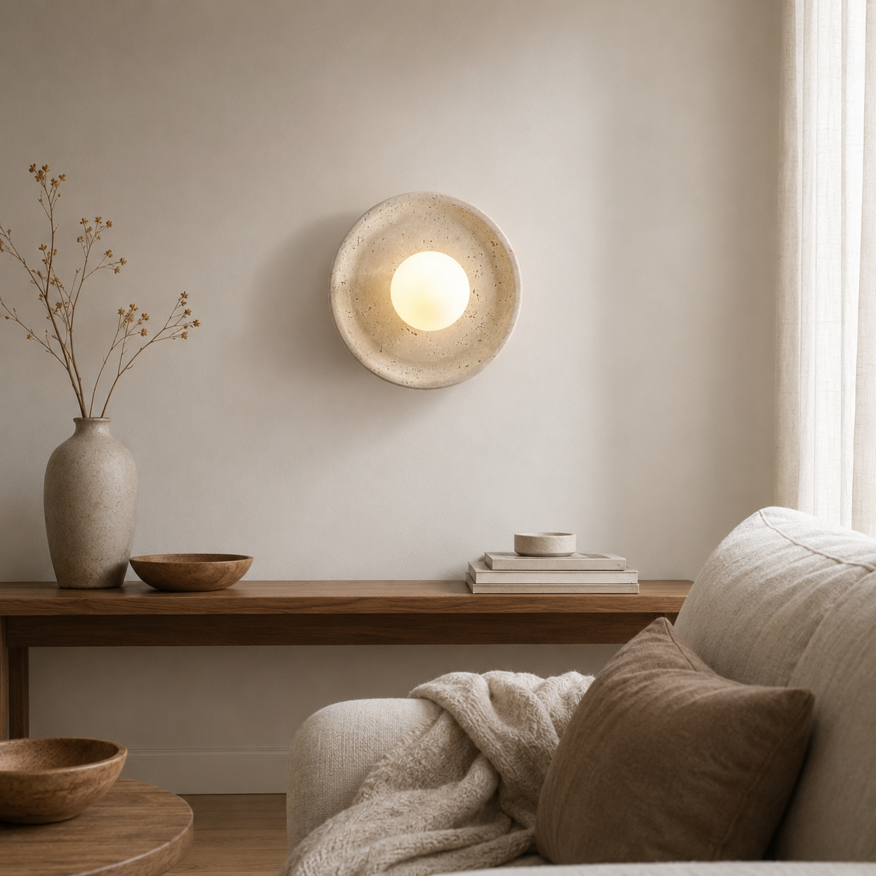 Travolith Sora Nest Travertine Wall Sconce – Wabi-Sabi Stone and Glass Light - product view 6