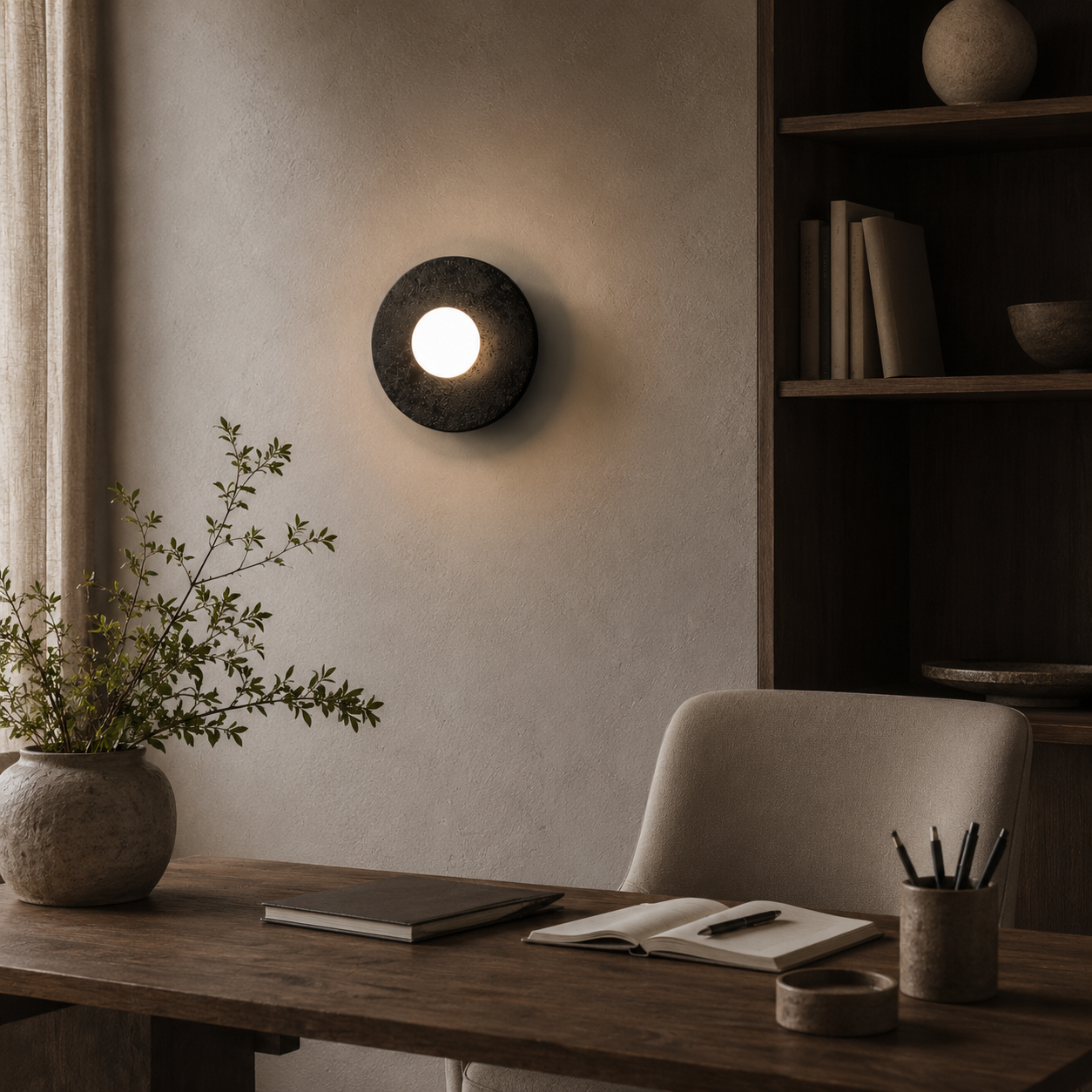 Travolith Round Travertine Wall Light – Natural Stone and Glass Sconce Available in Three Sizes - product view 2