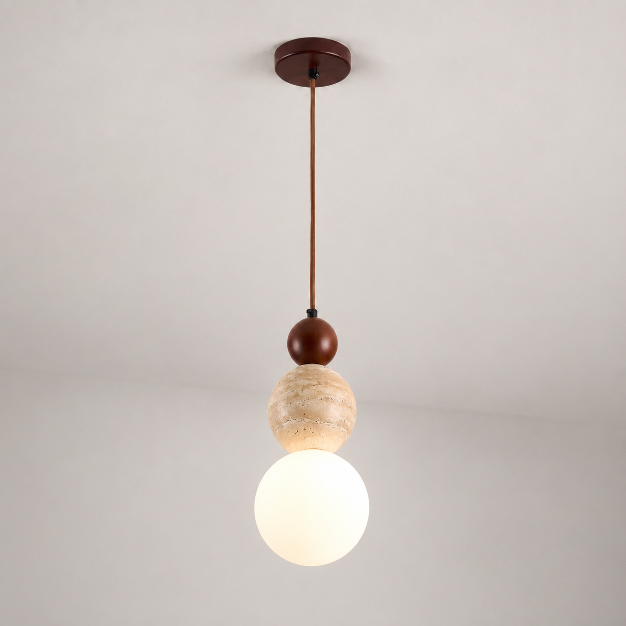 Travolith Vintage Cream Travertine Pendant Light – Wood & Stone Hanging Lamp - product view 2
