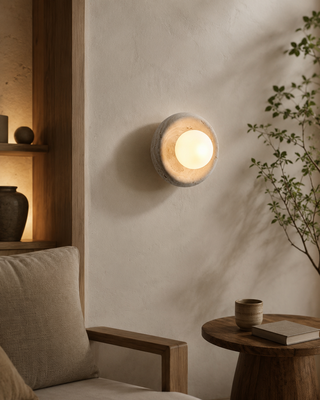 Travolith Natural Travertine Ring Wall Sconce – Modern Stone Globe Light for Bedroom & Entryway - product view 5