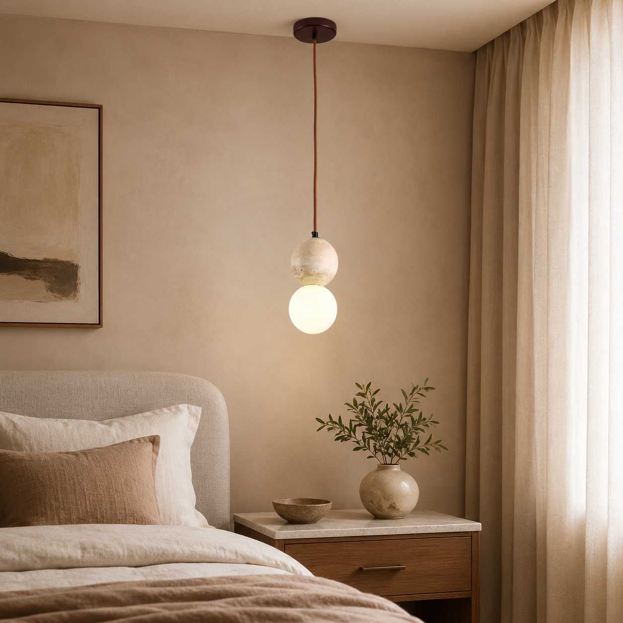 Travolith Natural Travertine Pendant Light – Wood & Stone Hanging Lamp - product view 4