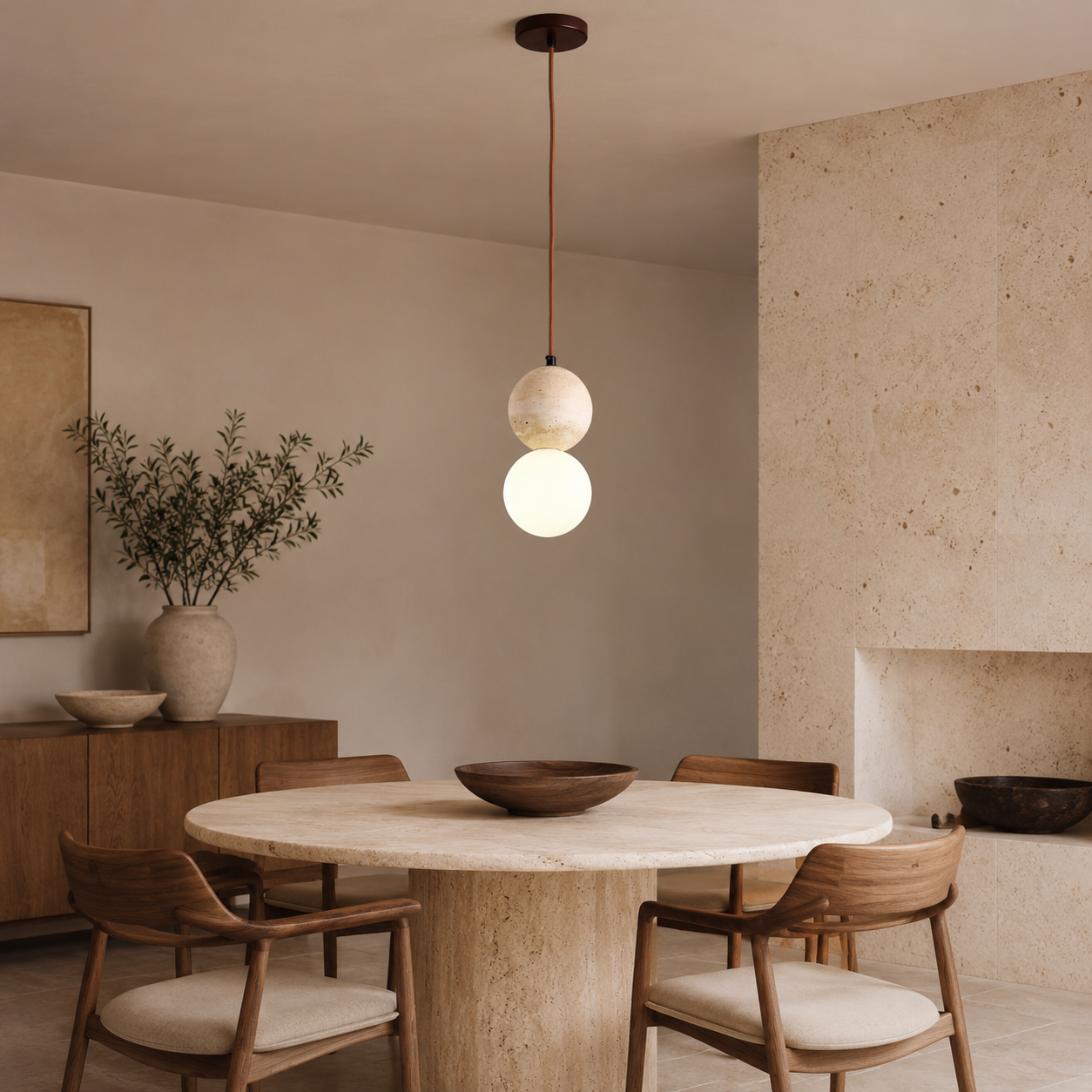 Travolith Natural Travertine Pendant Light – Wood & Stone Hanging Lamp - product view 2