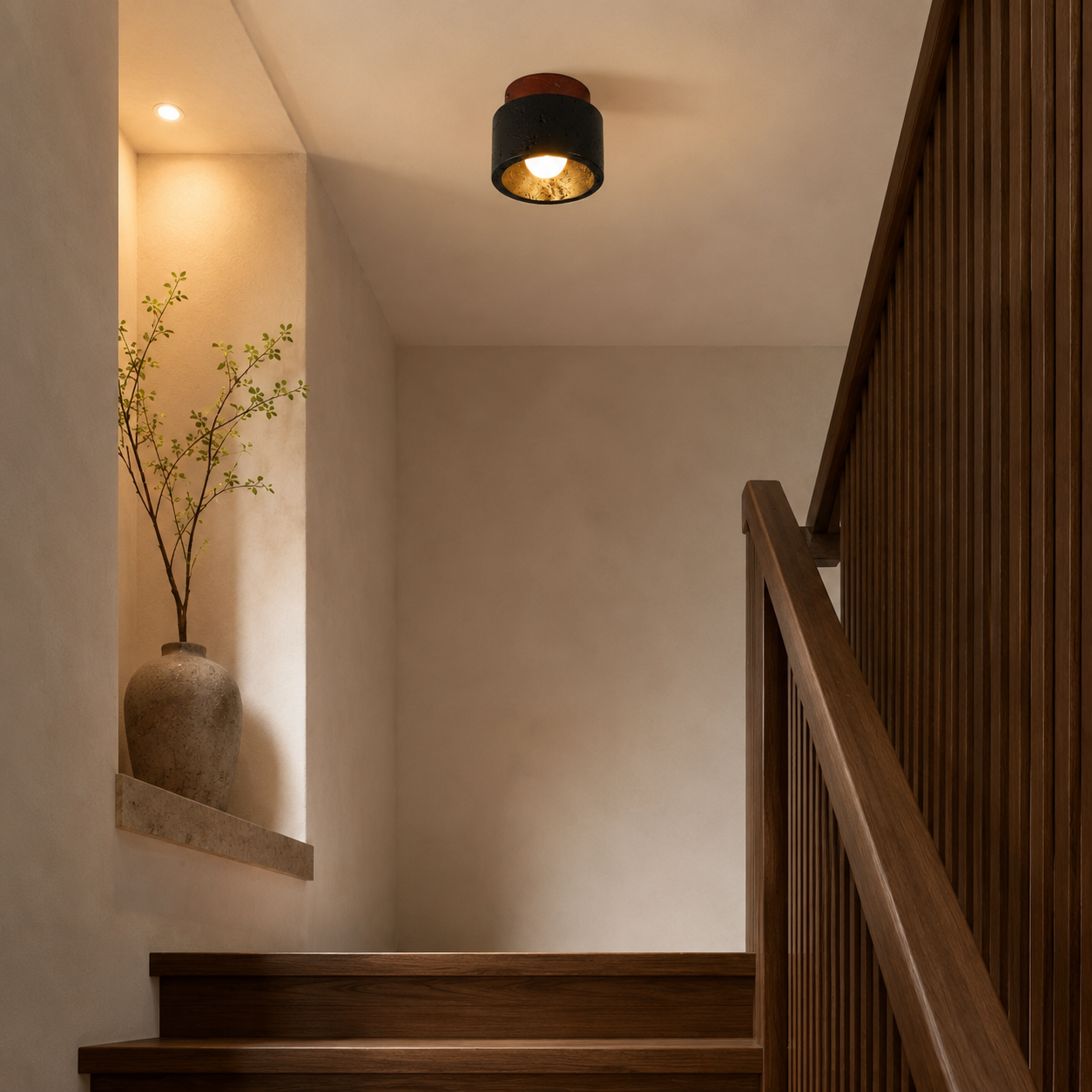 Travolith 6906 Black Travertine Ceiling Light – Compact Natural Stone Fixture with Wood Canopy - product view 4