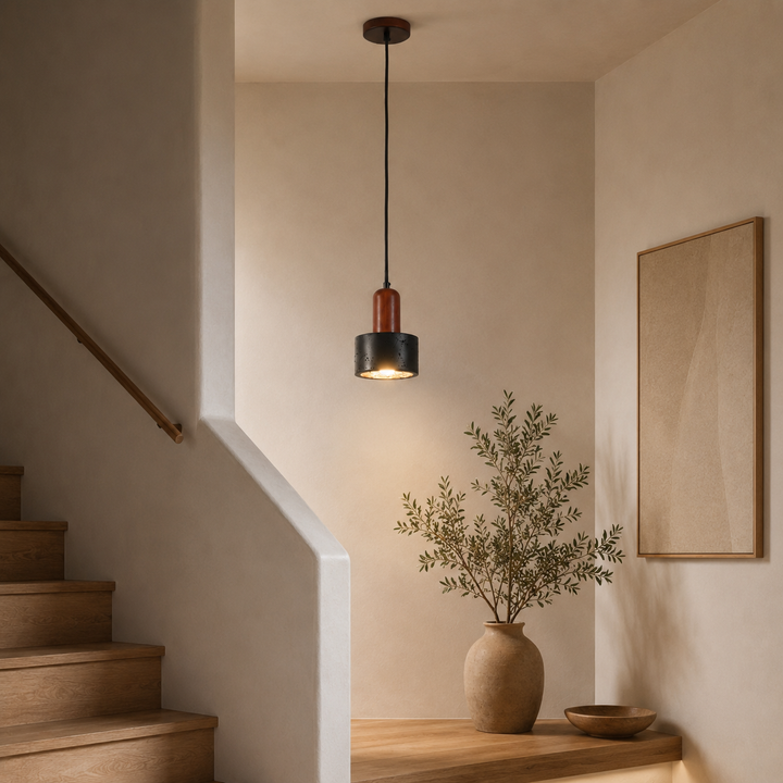 Travolith 6911 Large Black Travertine Pendant Light – Natural Stone Cylinder Lamp with Wood Detail