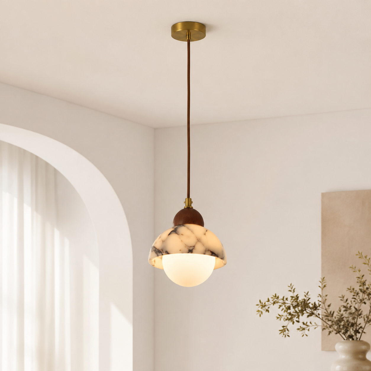 Travolith Patterned Stone Pendant Light – Pearl Black and Brass Natural Stone Ceiling Fixture - product view 3