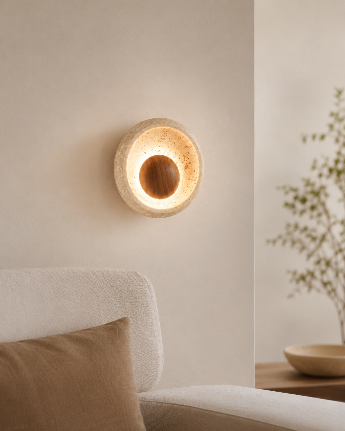 Travolith Modern Natural Travertine Halo Wall Sconce – Textured Stone Accent Light for Bedroom, Entryway and Living Room - product view 2