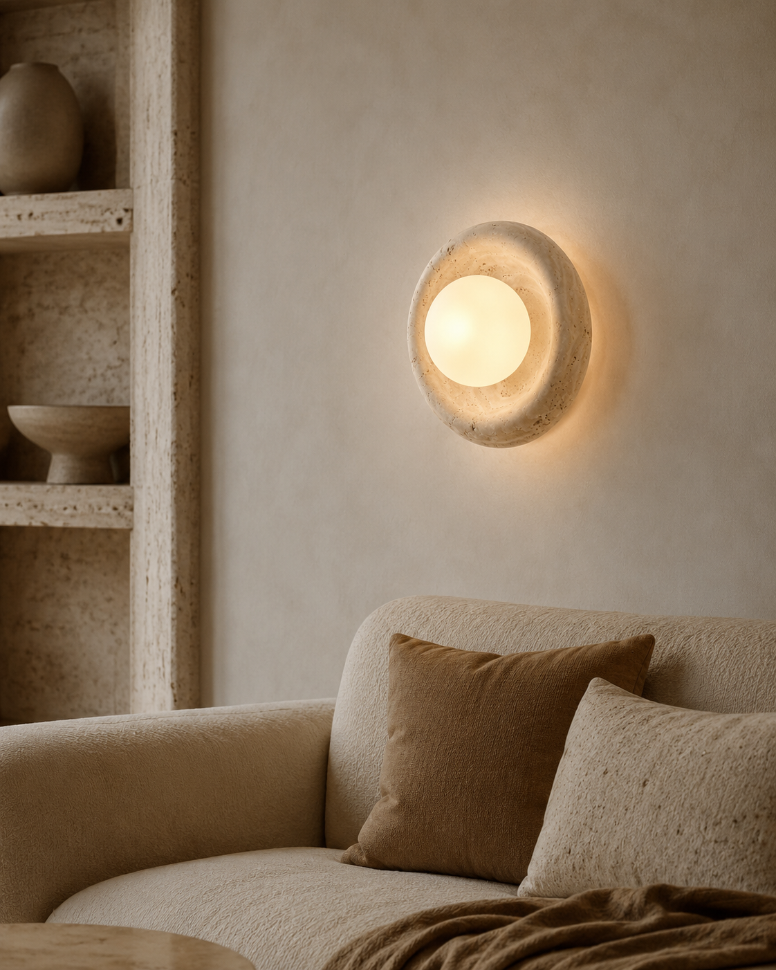 Travolith Natural Travertine Ring Wall Sconce – Modern Stone Globe Light for Bedroom & Entryway - product view 6