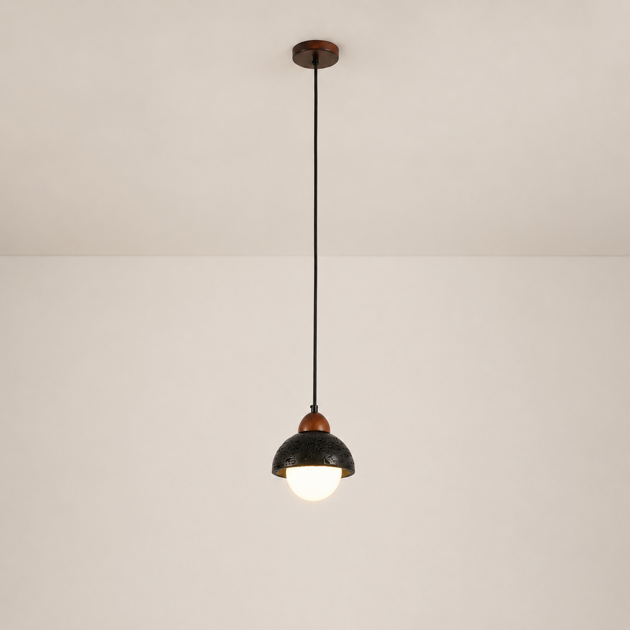 Travolith 6910 Black Travertine Pendant Light – Natural Stone Dome Lamp with Wood Accent - product view 3