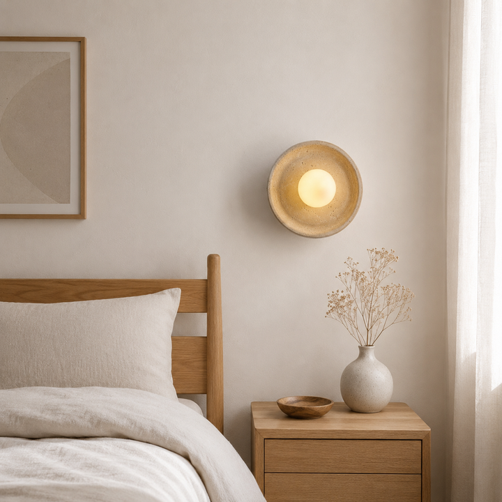 Sora Nest Travertine Wall Sconce – Wabi-Sabi Stone and Glass Light